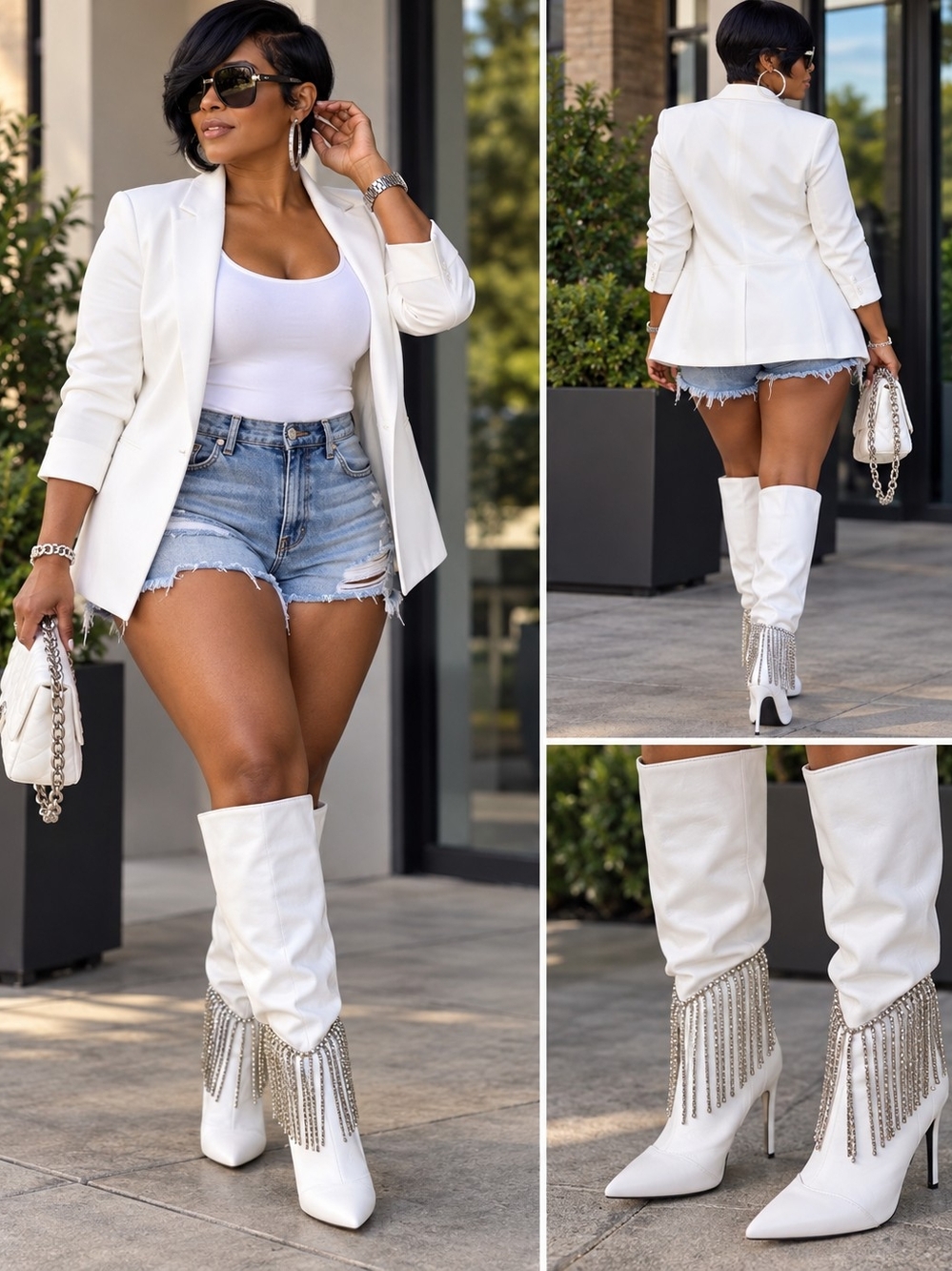 Women's White Fringe Chain Knee Boots - Fashion Statement